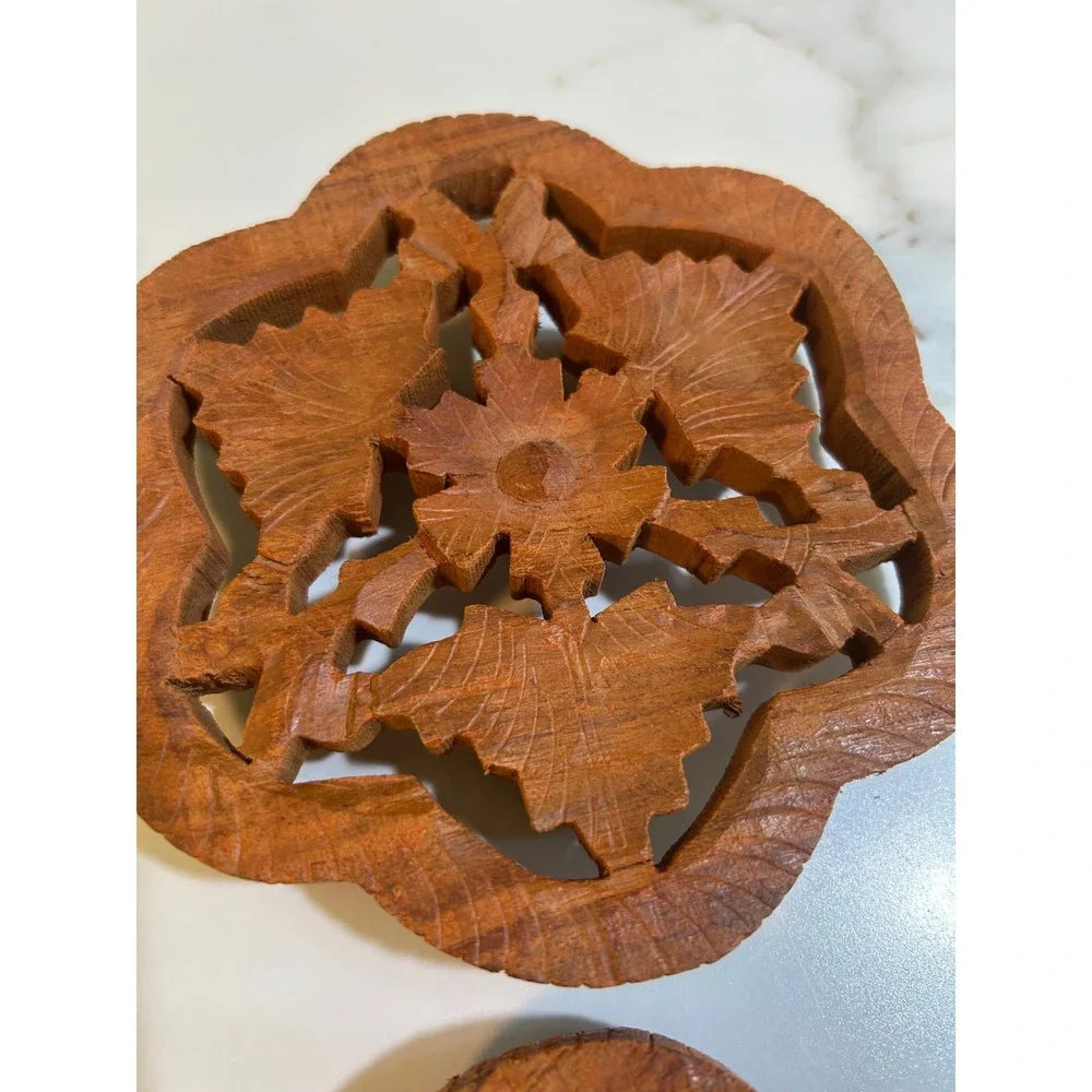 Vintage Hand Carved Wood Floral Trivets Set of 2 Boho Scalloped Kitchen Decor